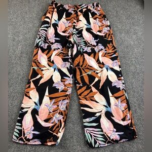 Billabong Black Wide Leg Tropical Floral Pants with Peach and Rust Leaves